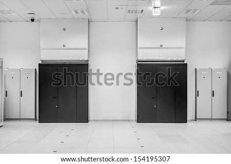 Clean industrial interior of a server room with servers