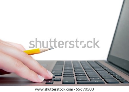 Girl hand with pen and laptop on white isolated background