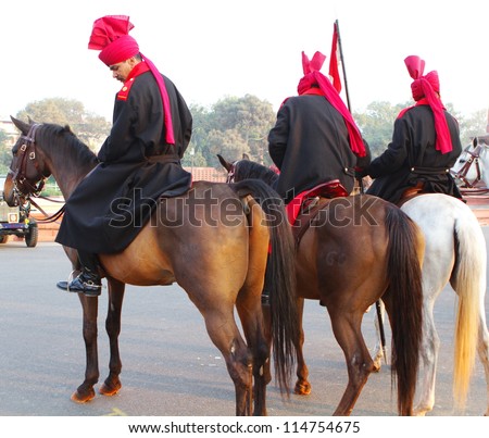 NEW DELHI, INDIA - JANUARY 14: The mounted Presidential bodyguards rehearse for the Republic Day Parade on January 14, 2012 in New Delhi, India.  The Horse Guards are an elite military unit.