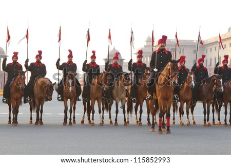NEW DELHI, INDIA - JANUARY 14: The mounted Presidential bodyguards rehearse for the Republic Day Parade on January 14, 2012 in New Delhi, India. The Horse Guards are an elite military unit.