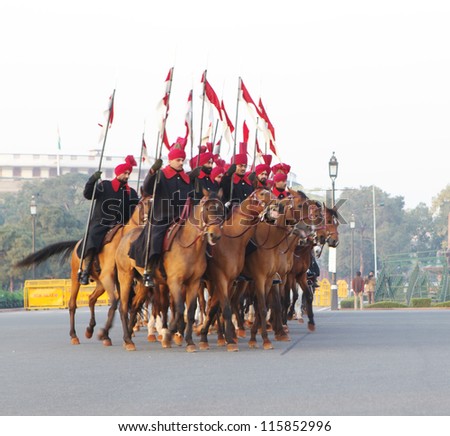 NEW DELHI, INDIA - JANUARY 14: The mounted Presidential bodyguards rehearse for the Republic Day Parade on January 14, 2012 in New Delhi, India. The Horse Guards are an elite military unit.