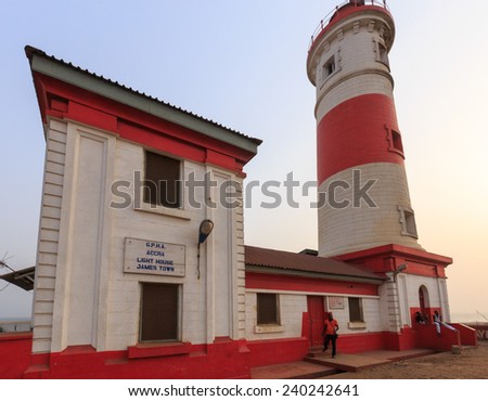 ACCRA, GHANA - DECEMBER 27, 2014: The Jamestown Lighthouse is no longer used but offers a great view of the surrounding area.  It operates from 6 pm to 6 am powered by a solar charged battery.