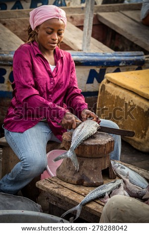 ACCRA, GHANA - APRIL 18, 2015: An African woman cuts fish in a local fish market.  Post crop vignetting and highlighting focus attention on the subject.