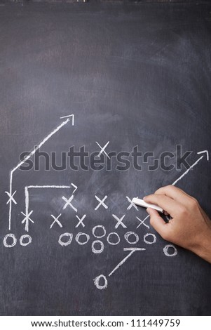 A hand draws a football play on a chalkboard with chalk leaving room for copy.