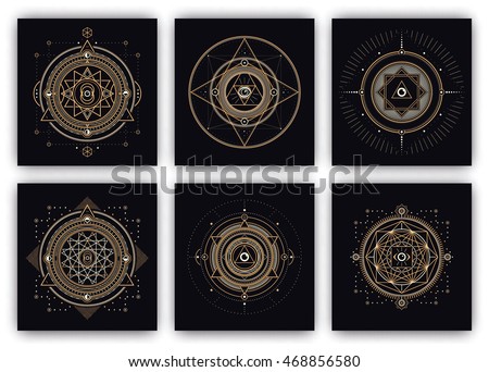 Sacred Symbols Design Set - Collection of Abstract Geometric Illustrations - Gold and White Elements on Dark Background