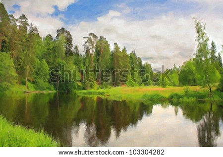 Green forest near river in sunny day. Computing realistic oil painting style.