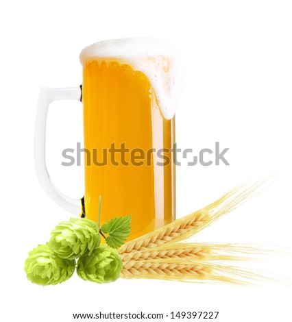 Glass of beer, ears of wheat  and hop isolated on white background