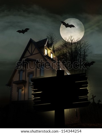 Scary place with house, trees and moon,halloween background.