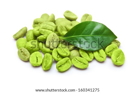 Green Coffee Beans With Leaf On White Background.