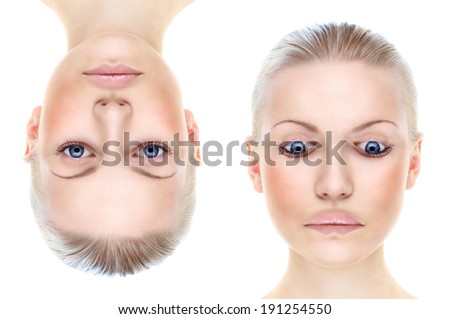 Woman\'s portrait isolated on white, Thatcher effect, illusion.The effect is illustrated by two identical photos, which are inverted.