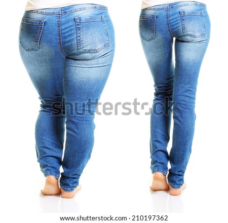 Woman in blue jeans isolated on white background from fat to thin. Diet concept.
