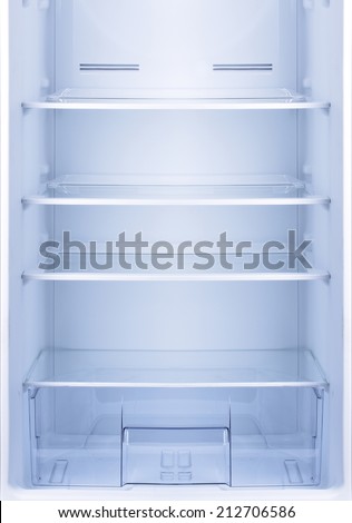 Empty open fridge, refrigerator.