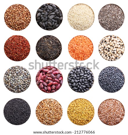 Grain collection isolated on white background. Chia seeds, black and white sesame,rice, lentil, flax.