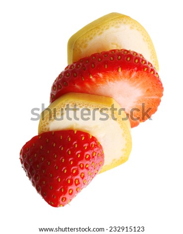 Sliced ripe banana and berry strawberry isolated on white background