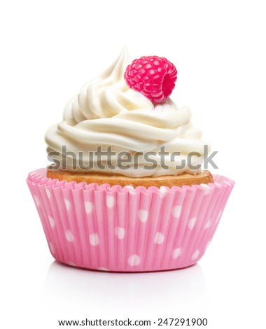 Sweet dessert, cupcake  with butter cream and raspberry isolated on white background.