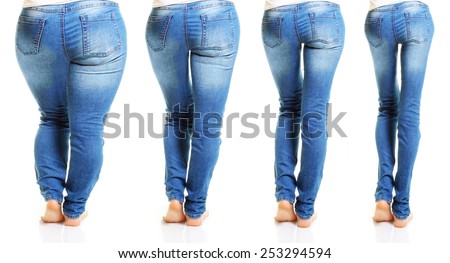 Woman in blue jeans isolated on white background from fat to thin. Diet concept.