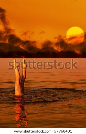 Beautiful legs on a sunset on lake