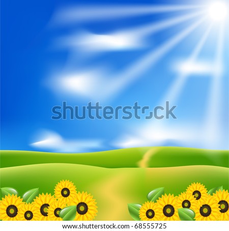 Vector landscape with sunflowers, blue sky and sunburst