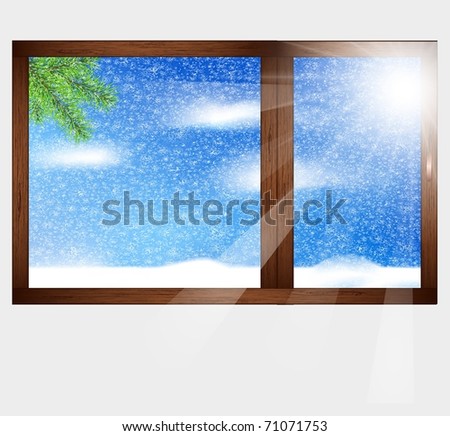 Wooden window with a beautiful landscape view. Winter.