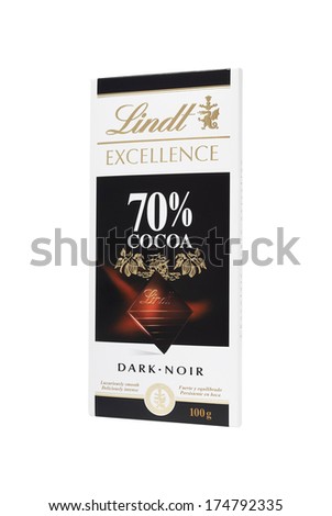 Leeds, United Kingdom - July 5th, 2011: Studio shot of 100g Lindt bar of dark chocolate.Lindt & Sprangli AG are Swiss makers of luxury chocolate.