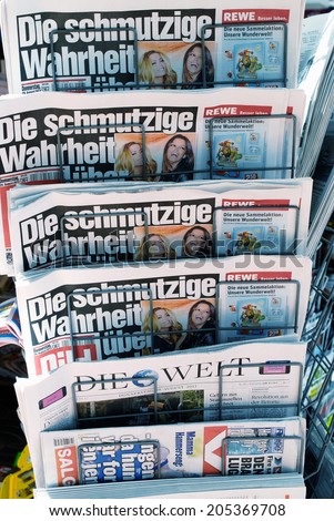 Santa Eulalia, Ibiza, Spain - August 29th, 2013: German newspapers in a rack, on sale at a shop in Ibiza, Spain.