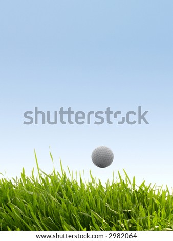 Long green grass with blue sky and golf ball