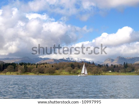 Lake with yacht and mountains