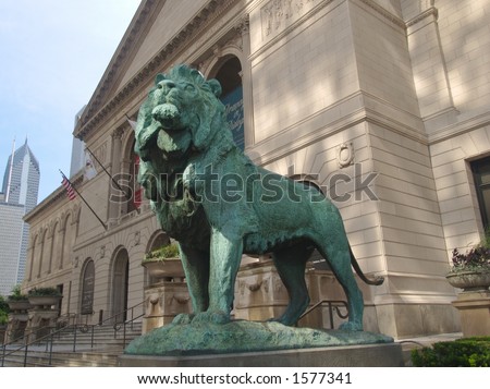 Chicago Art Institute entrance and lion sculpture