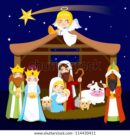 stock vector : Three wise men bring presents to Jesus in Christmas Nativity Scene