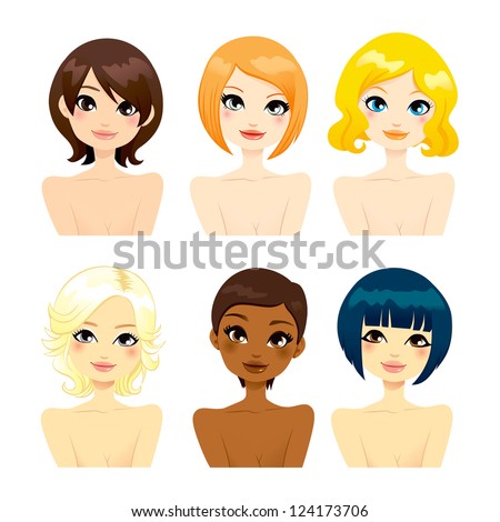 Collection of six beautiful multi-ethnic women faces with different short hair hairstyles Collection of six beautiful multi-ethnic women faces with different short hair hairstyles