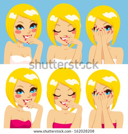 Sweet blonde woman posing making different shy face expressions and body language Sweet blonde woman posing making different shy face expressions and body language