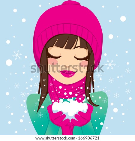 Beautiful brunette woman with eyes closed and smiling in pink winter hat and scarf holding snow with her hands - stock vector Beautiful brunette woman with eyes closed and smiling in pink winter hat and scarf holding snow with her hands - stock vector