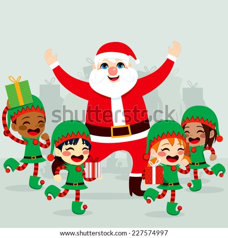 Santa Claus with little helper elves dancing around and preparing gifts to deliver on Christmas day Santa Claus with little helper elves dancing around and preparing gifts to deliver on Christmas day