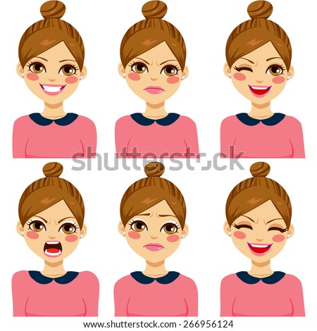 Attractive light brown haired young hipster woman on six different face expression set