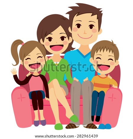 Illustration of cute happy family of four people sitting on sofa