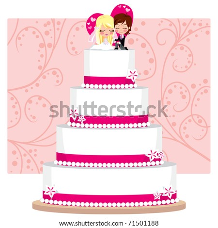 stock photo Strawberry Wedding Cake with flowers and groom and bride 