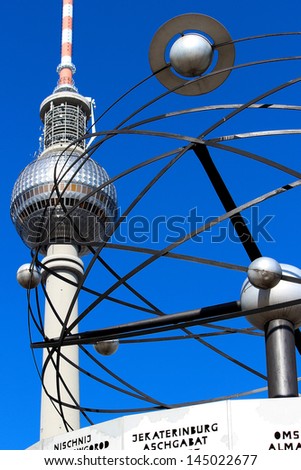 World clock and television tower at Alexanderplatz in Berlin in Detail