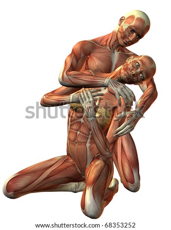 stock photo 3D rendering muscle man and woman kneeling