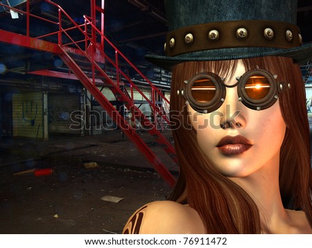 Mixed media, photo rendering of red stairs in front of steam punk beauty