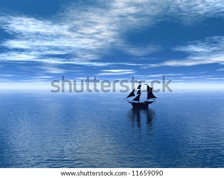 blue sky and ocean with silhouette of old sailboat
