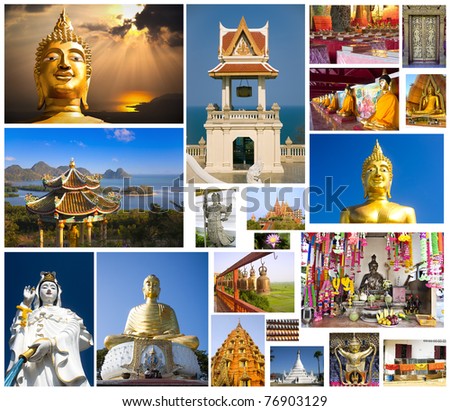 Collage: Buddhist art, statues and temples