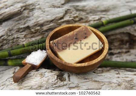 Nature soap in bowl with bamboo grove with salt in wooden spoon on driftwood wood