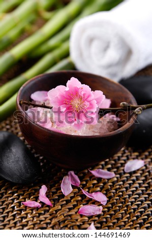 salt in bowl with grove, towel, flower in spa setting