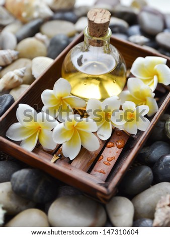 bowl of frangipani flower with massage oil on stones