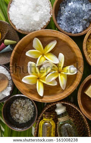 color sea salt in wooden bowl with perfume ,massage oil on green leaf