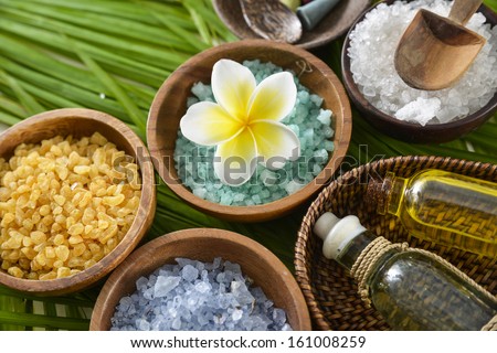 color sea salt in wooden bowl with perfume ,massage oil on green leaf