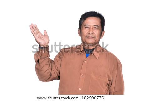 Mature Asian arm out showing empty space, isolated on white