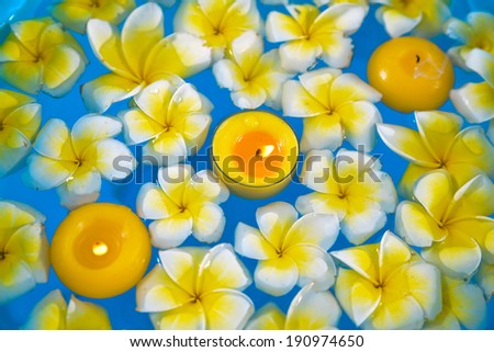 Many frangipani with set of yellow candle in the water
