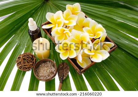 Spa setting with and flower in bowl, soap , towel ,candle on mat