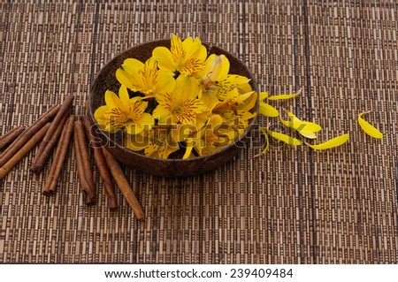spa setting with yellow flower in bowl on matt